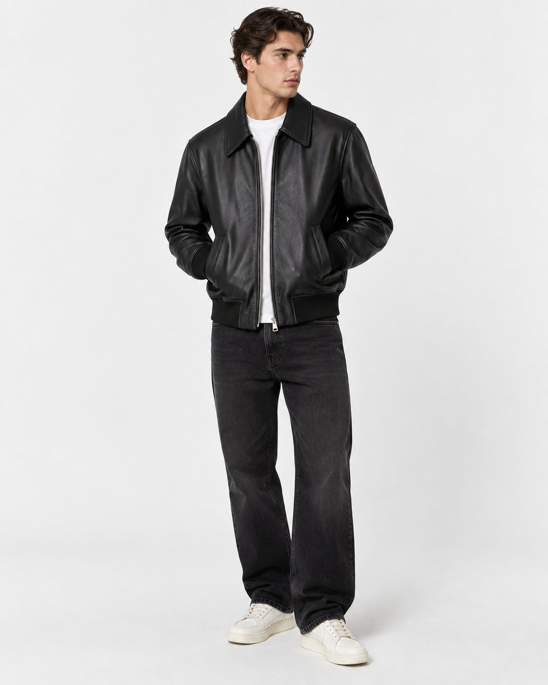Giacca con zip in pelle di agnello nera