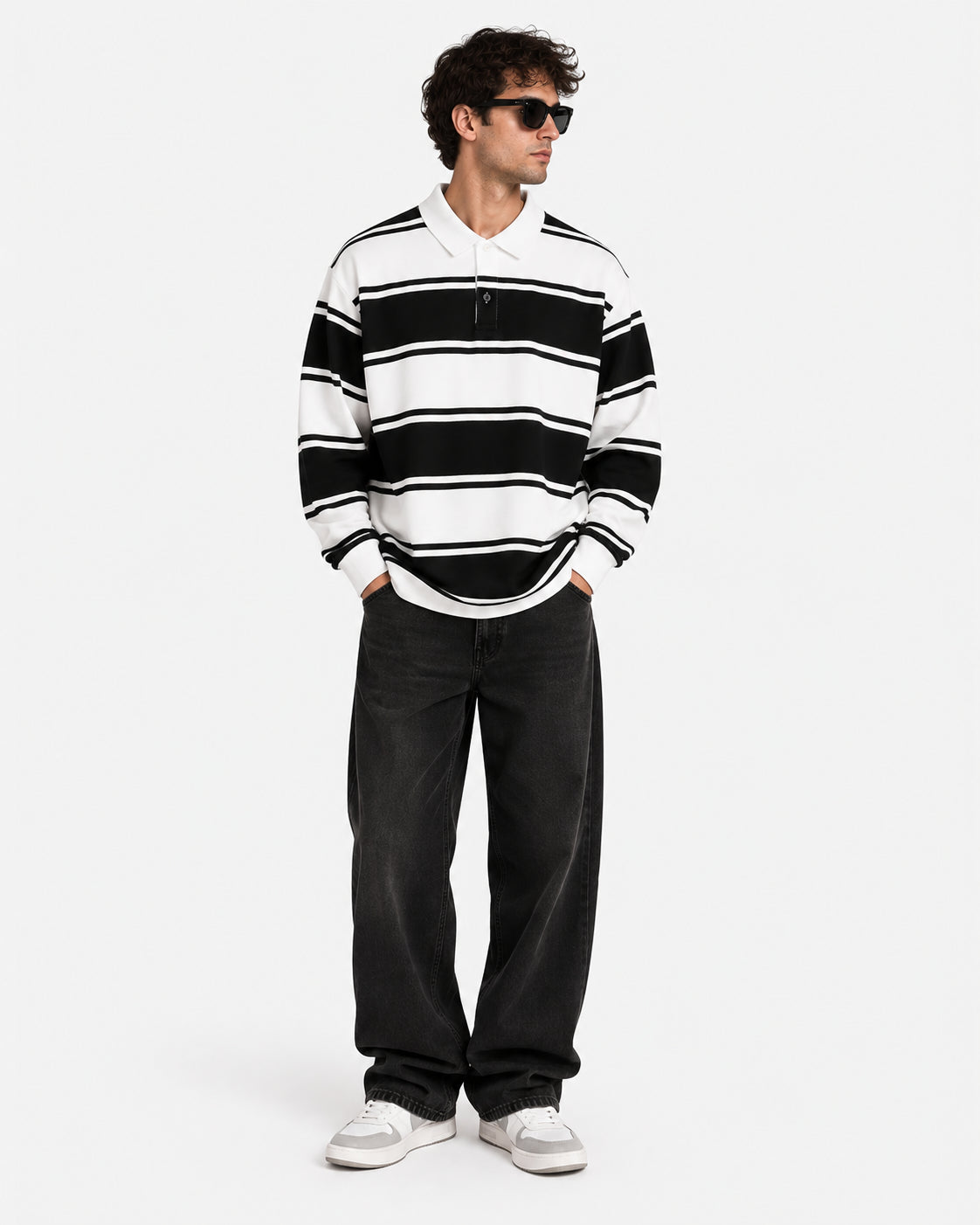 Polo a righe bianche/nere in cotone