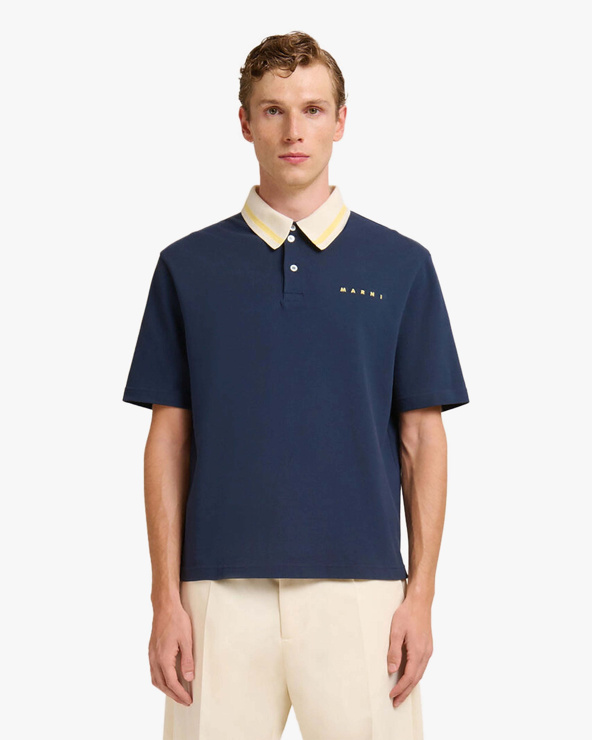 Polo in piqué blu scuro con colletto a righe